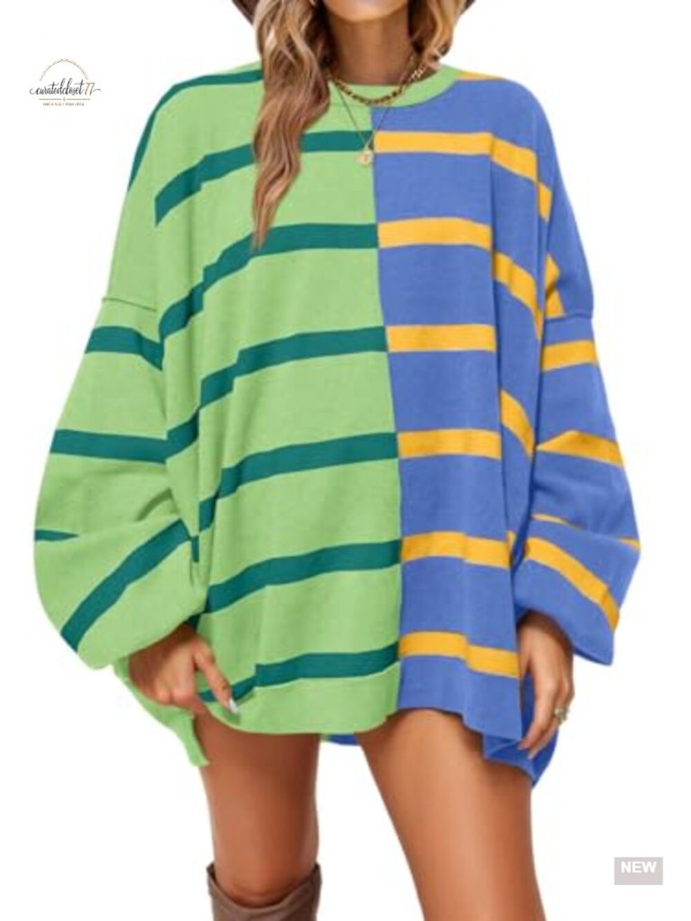 Womens Striped Pullover Sweater Crew Neck Long Sleeve Loose Knit